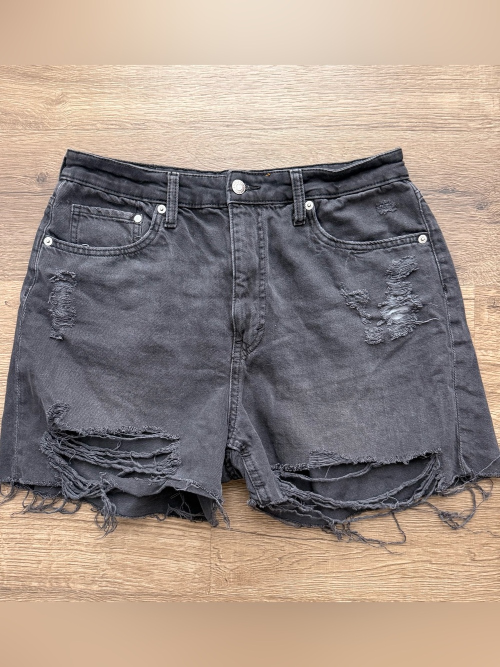 Monki Ultra High Waist Mom Denim Shorts Black Distressed Raw Hem